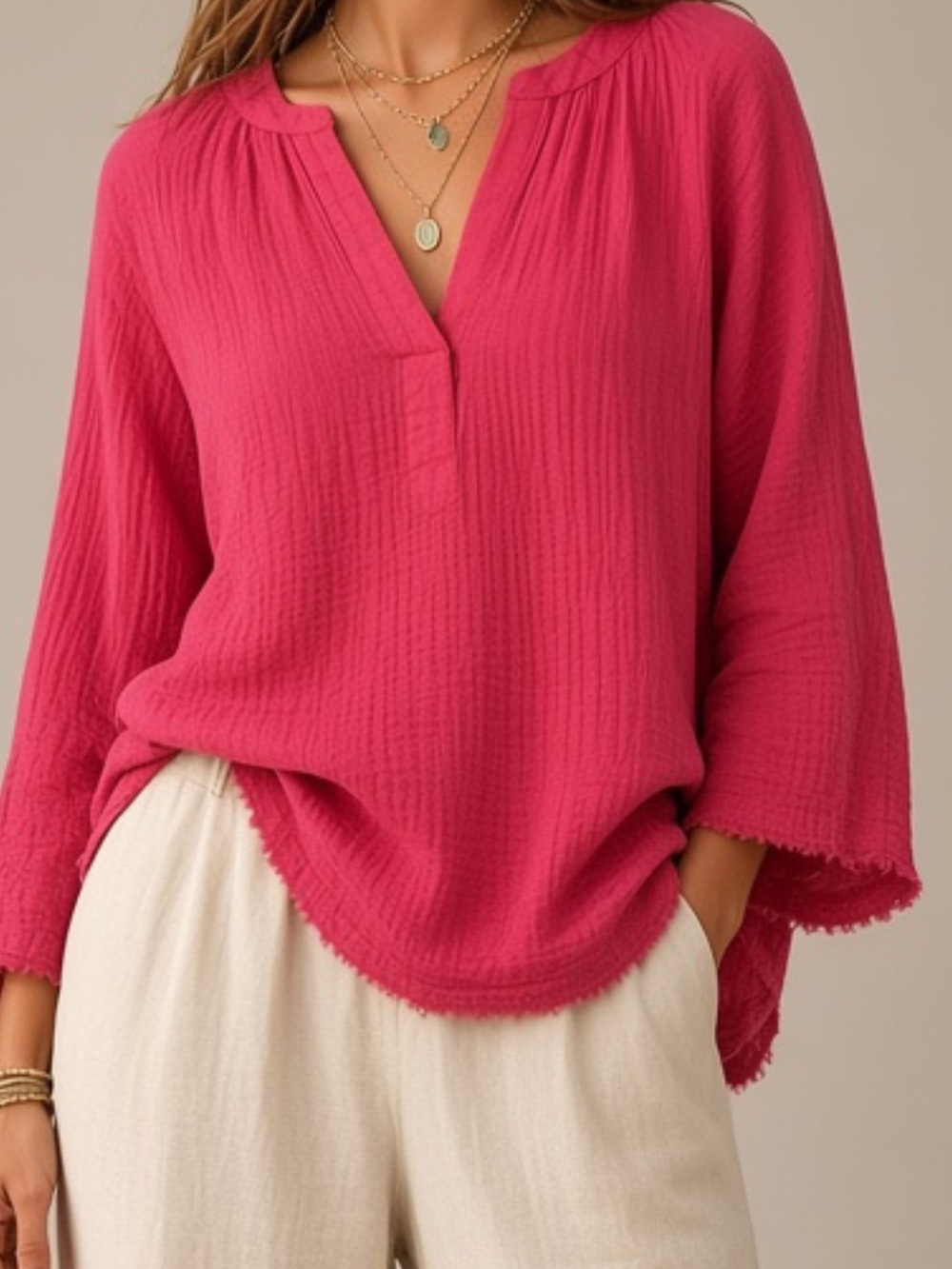 Chelsea & Theodore Hot Pink Crinkle Gauze Tunic Top XS V-Neck Popover Resort